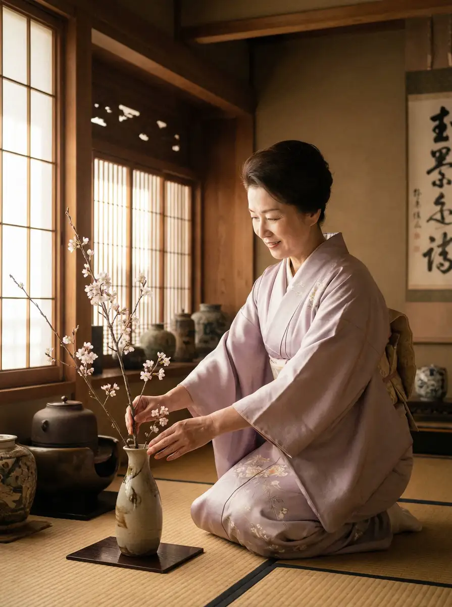 一位优雅的 棒棒TV 在和室中插花